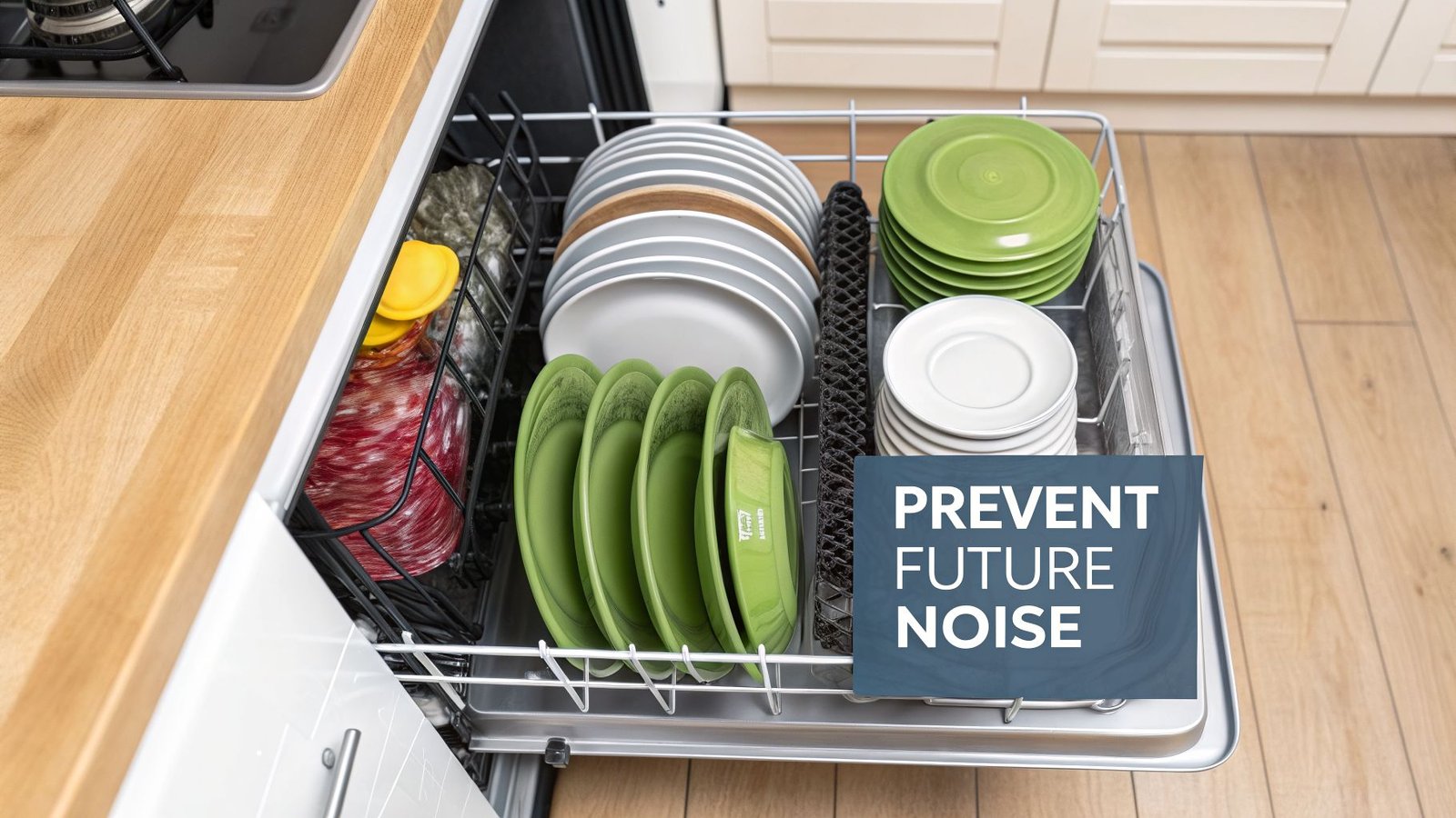 A partially open dishwasher rack is filled with clean green, white, and gray plates, with a text overlay 'PREVENT FUTURE NOISE'.