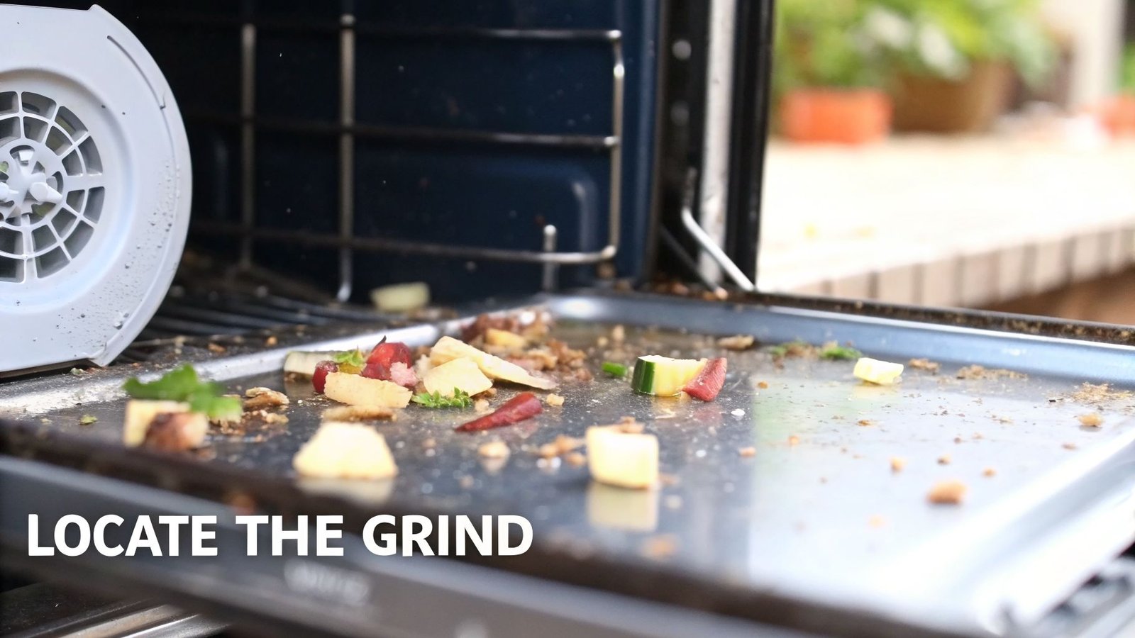 Close-up of a dirty dishwasher interior with a fan unit and a tray full of food scraps.