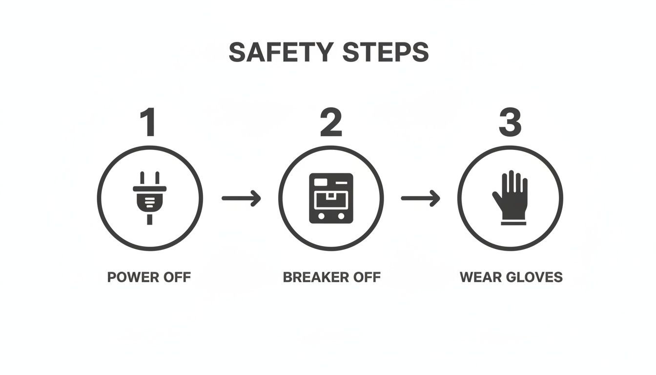 Three sequential safety steps: power off, breaker off, and wear gloves, shown with icons.
