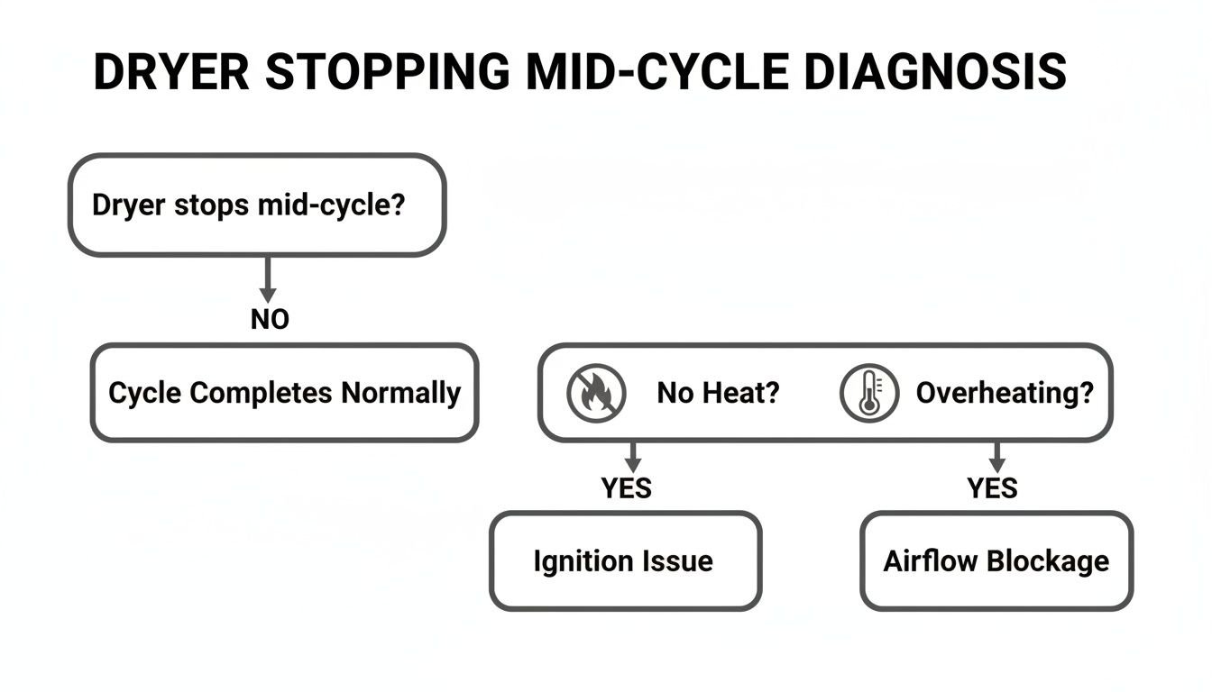 Flowchart diagnosing reasons a dryer stops mid-cycle, like no heat (ignition issue) or overheating (airflow blockage).