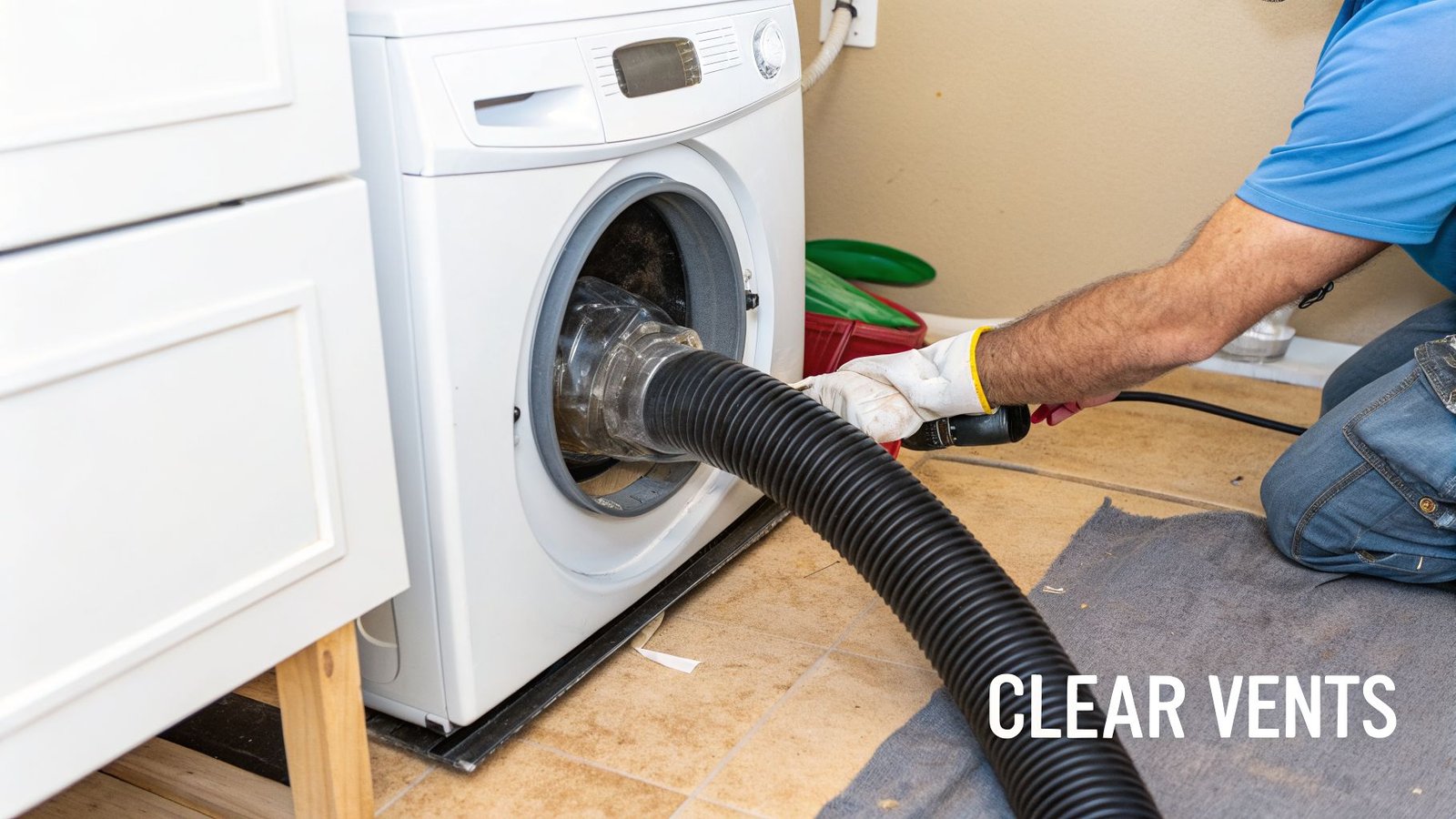 A person uses a cleaning tool with a long hose to clear lint from inside a clothes dryer.