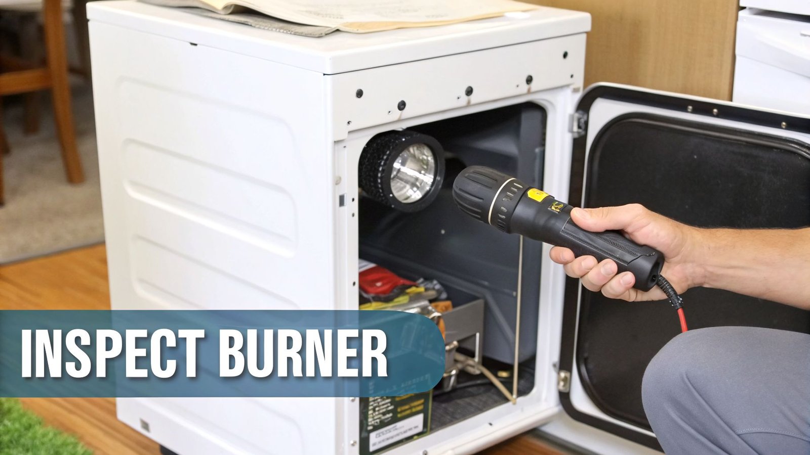 A person uses a flashlight to inspect the burner inside a white gas dryer.