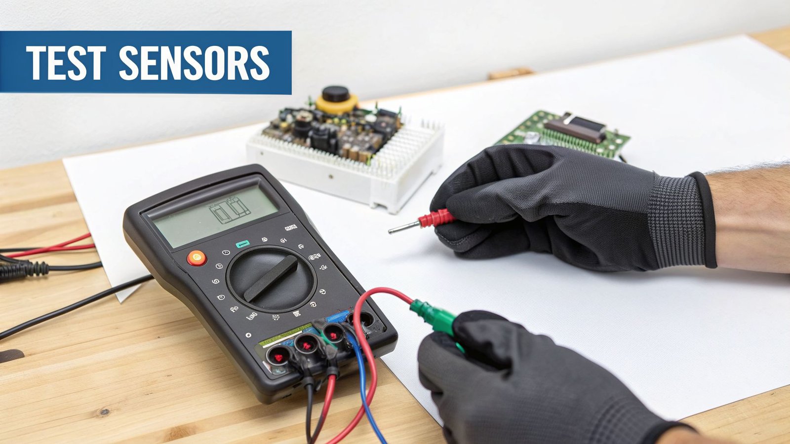 A person wearing black gloves uses a multimeter to test electronic sensors on a workbench.