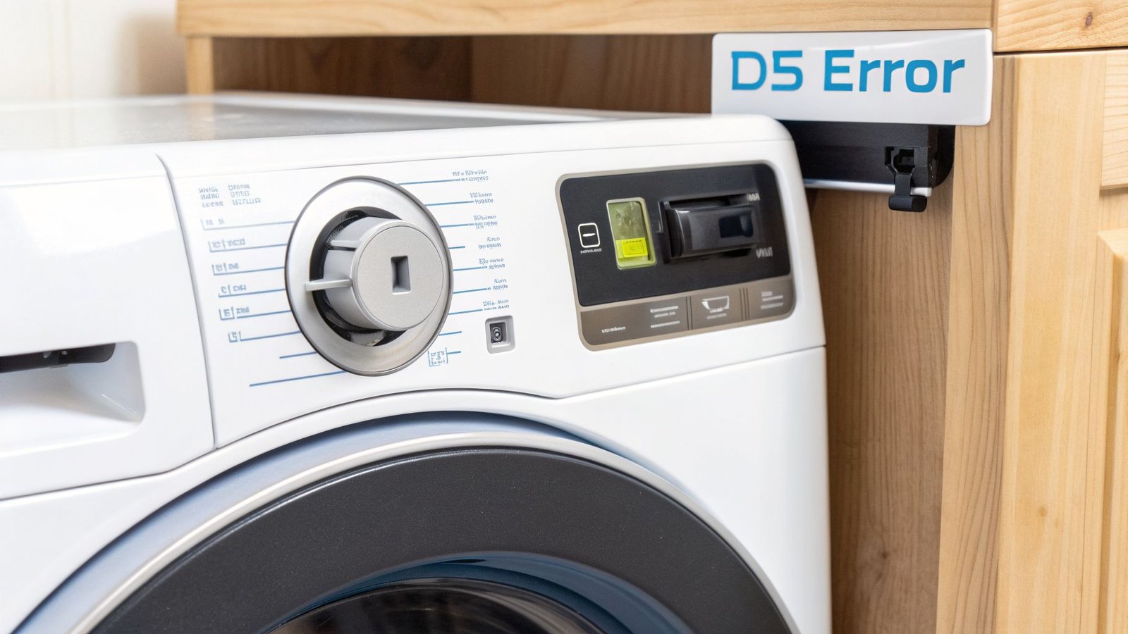 A close-up of a white washing machine displaying a 'D5 Error' message, indicating a malfunction.