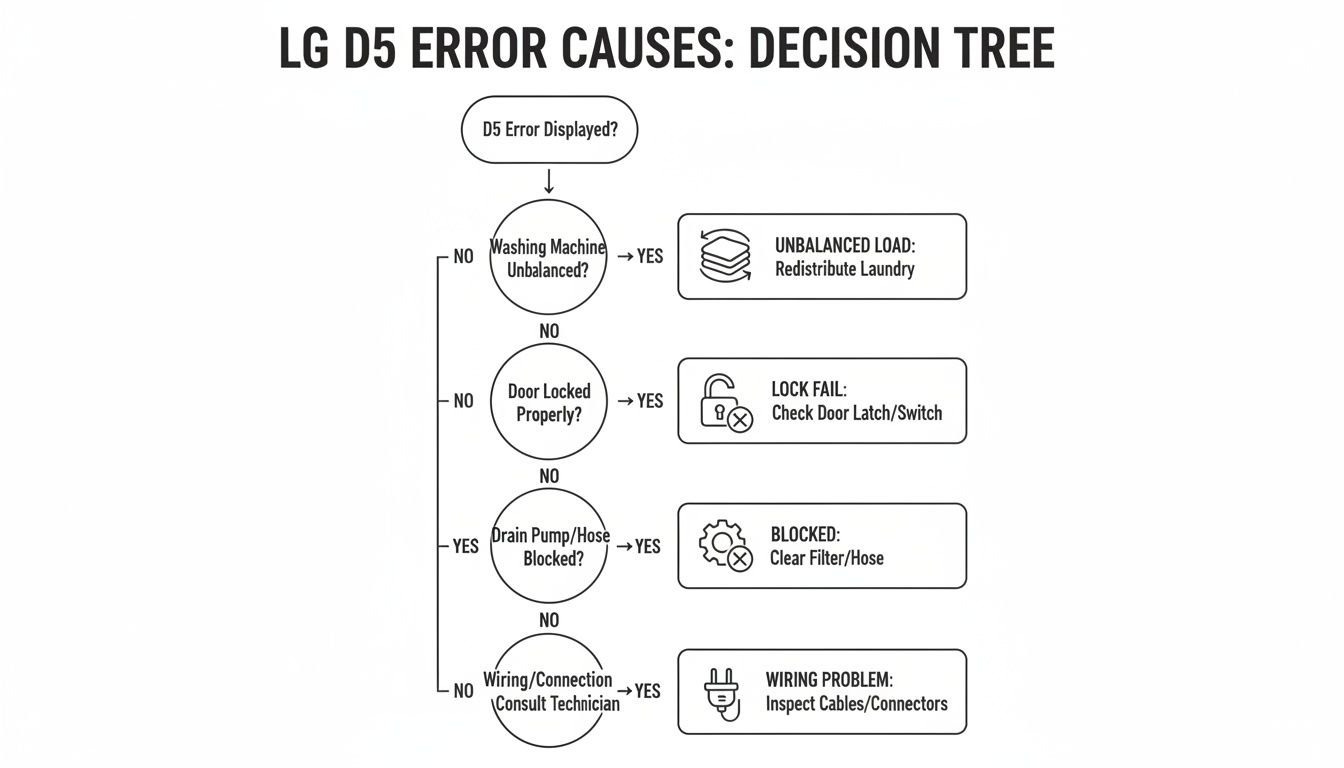A decision tree flowchart outlining the causes and solutions for an LG D5 washing machine error.