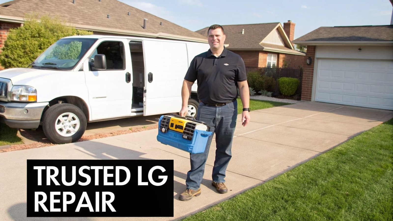 A repair technician stands on a driveway with a toolbox, ready for service, next to a white van.