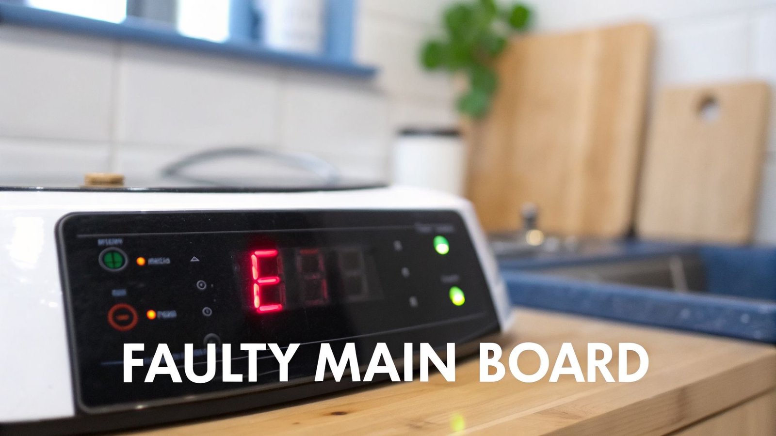 Close-up of a kitchen appliance with a red 'E' error message and 'FAULTY MAIN BOARD' text.