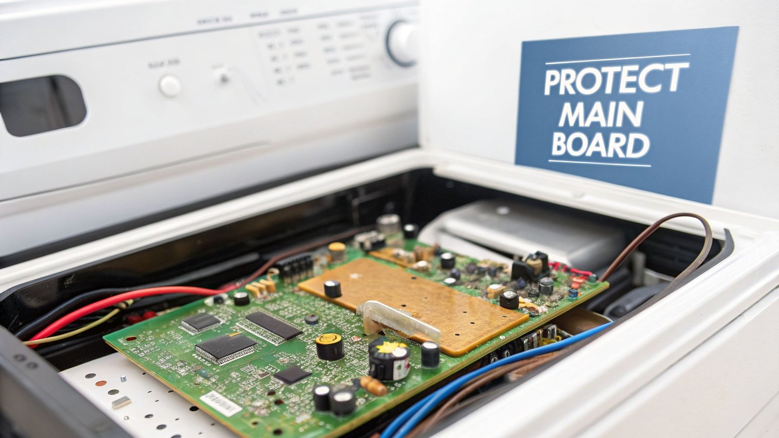 Close-up of an open white appliance showing a green circuit board, wires, and a 'PROTECT MAIN BOARD' sign.