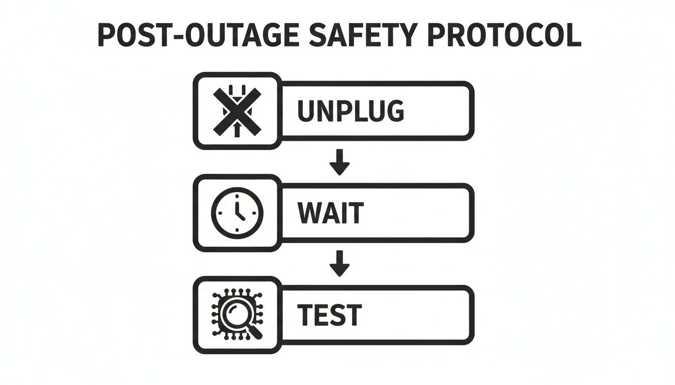 Infographic showing a three-step post-outage safety protocol: unplug, wait, and test appliances.