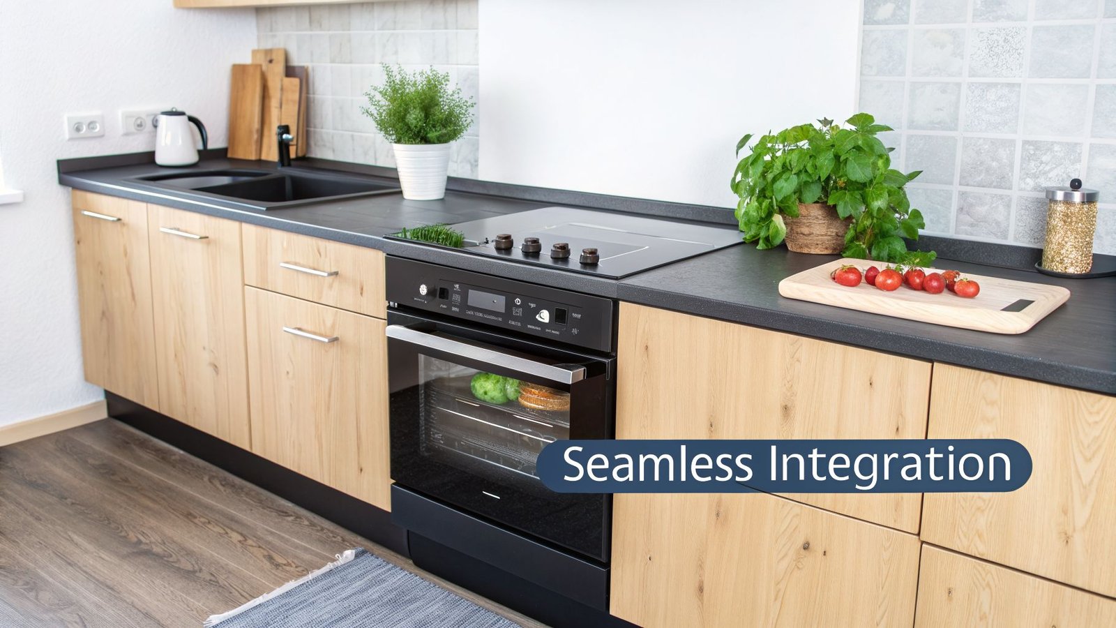 Modern kitchen featuring light wood cabinets, black countertop, built-in oven, induction cooktop, and fresh plants.