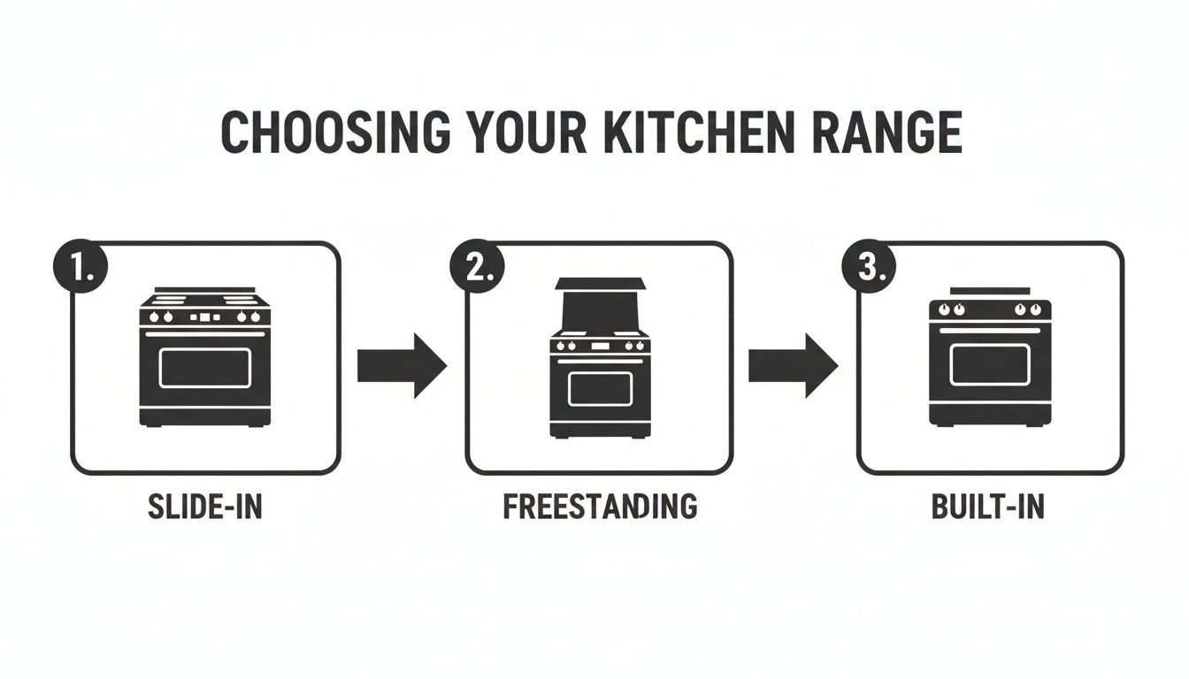 Diagram illustrating three types of kitchen ranges: slide-in, freestanding, and built-in, with corresponding stove illustrations.