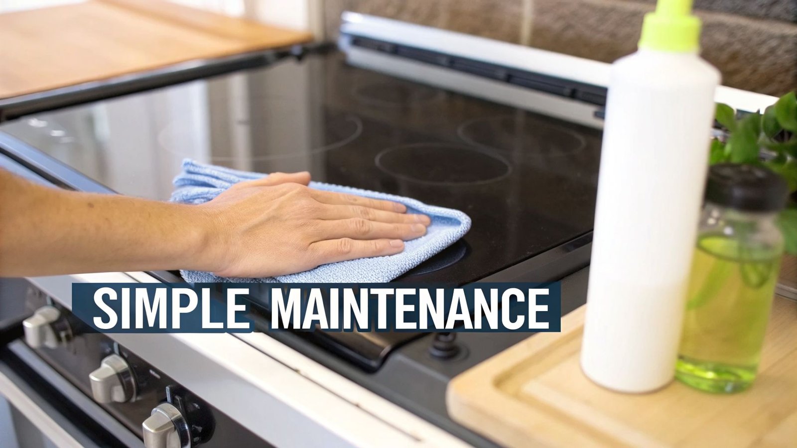 A hand cleaning a black induction stovetop with a blue microfiber cloth, alongside cleaning bottles on a wooden board.
