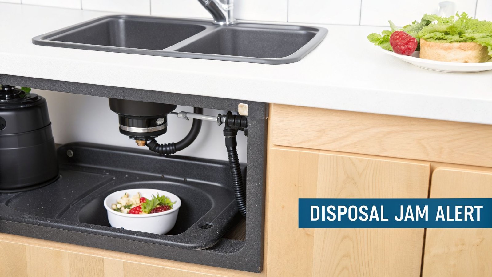 A kitchen sink with a visible garbage disposal unit underneath, showing collected food scraps in a tray.