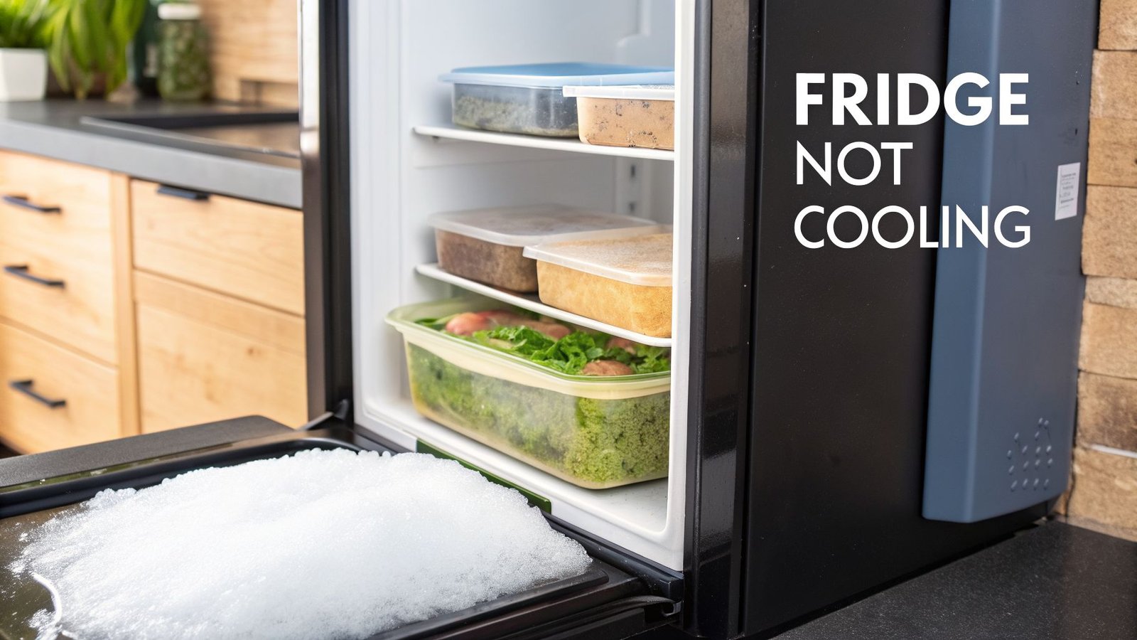 An open mini-fridge with food inside and a large pile of ice on the bottom, indicating a 'FRIDGE NOT COOLING' issue.
