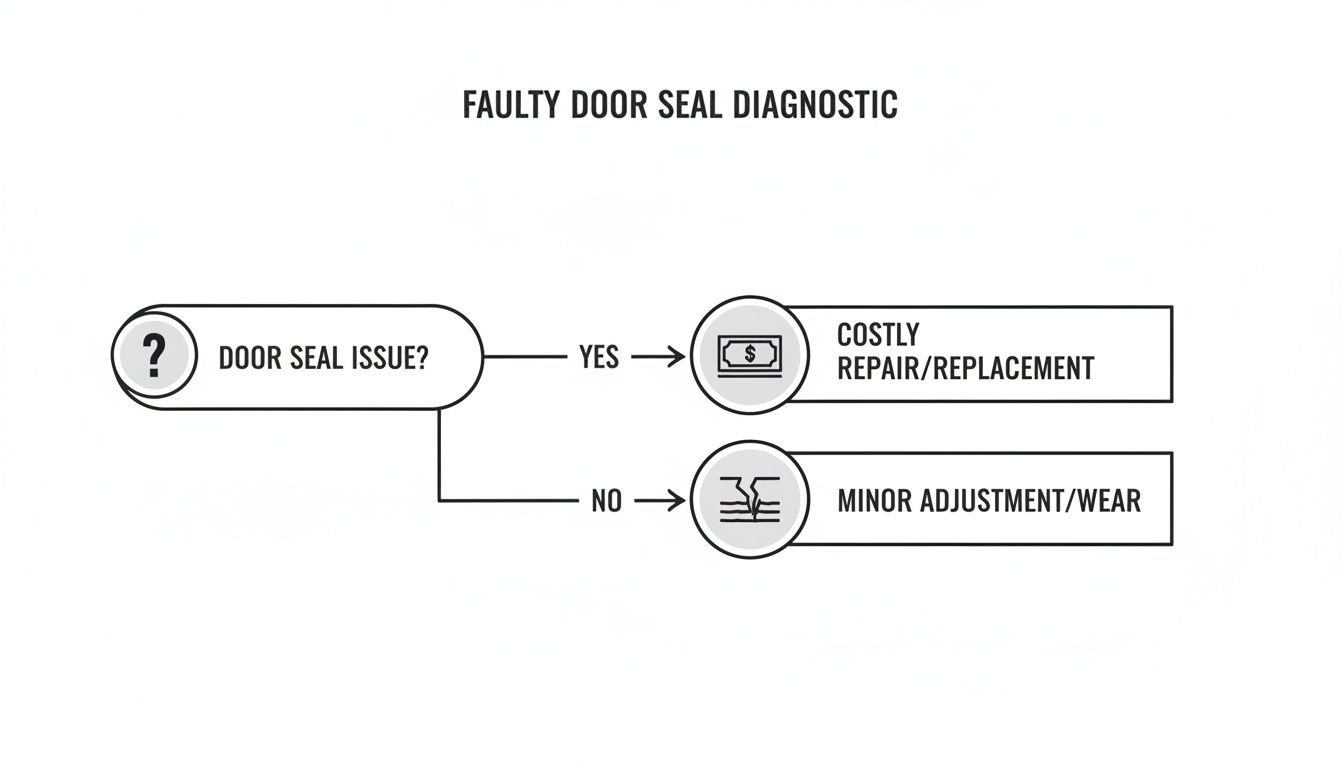 A diagnostic flowchart for faulty door seals, showing costly repair/replacement or minor adjustment/wear.