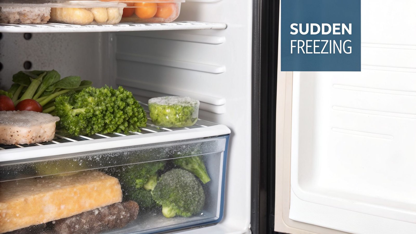 Inside a refrigerator with various fresh and frozen food items, including broccoli and prepared meals.