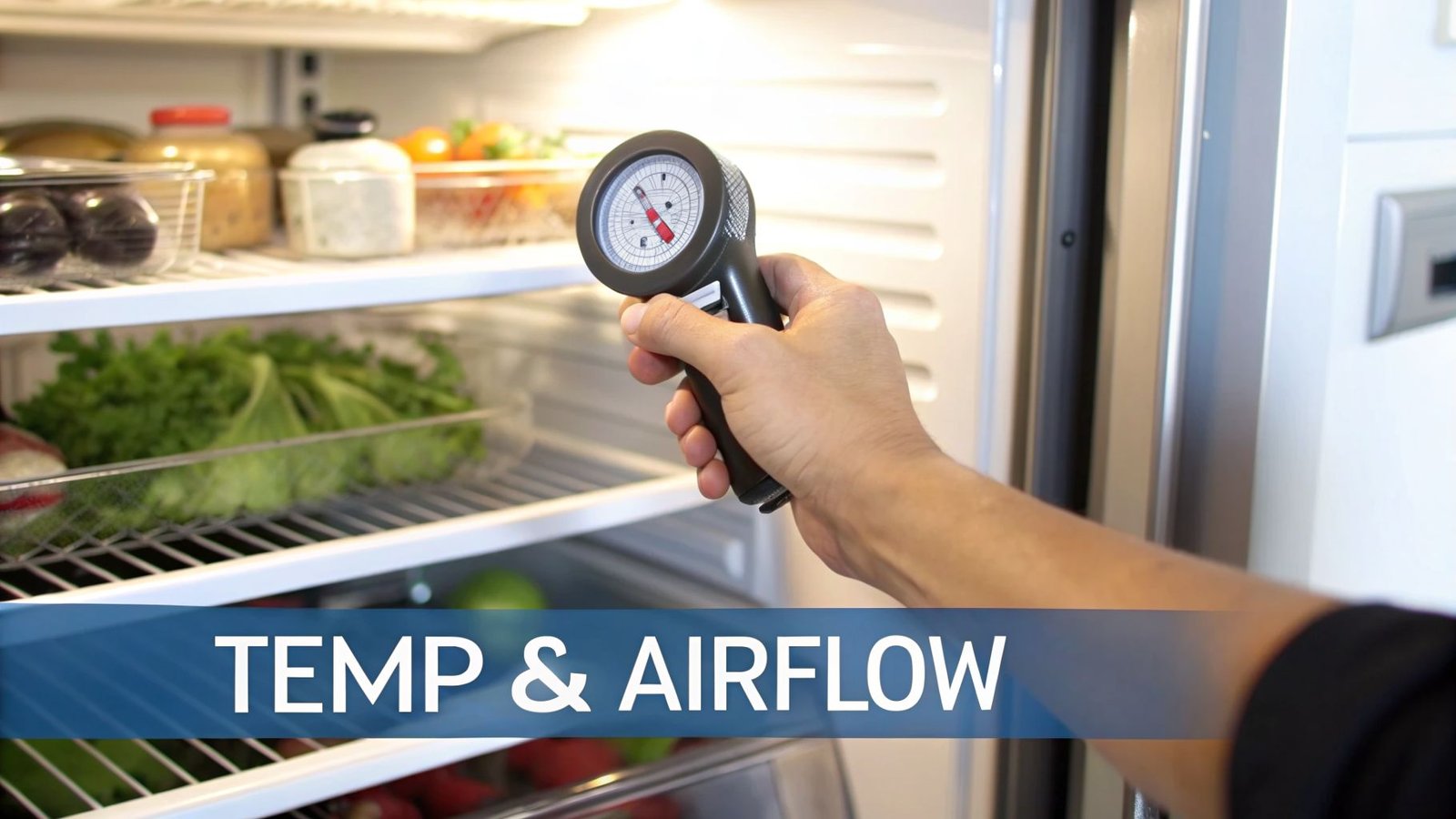 A hand holds a temperature and airflow meter inside an open refrigerator full of food.