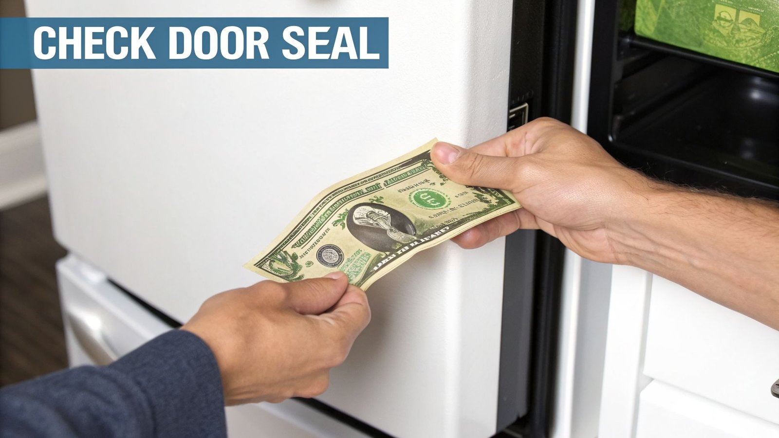 A person uses a dollar bill to check the seal of an open white refrigerator door.