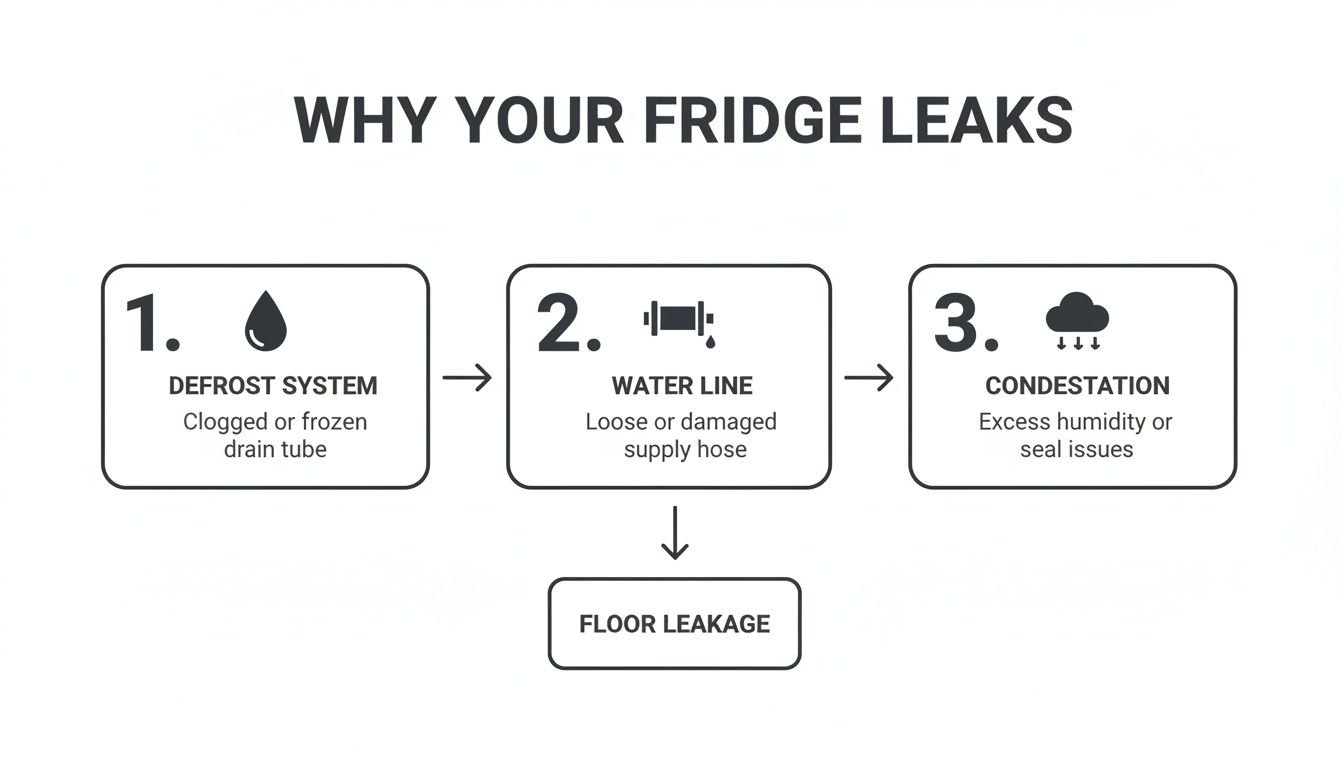 Flowchart illustrating three common reasons for refrigerator leaks leading to floor leakage.