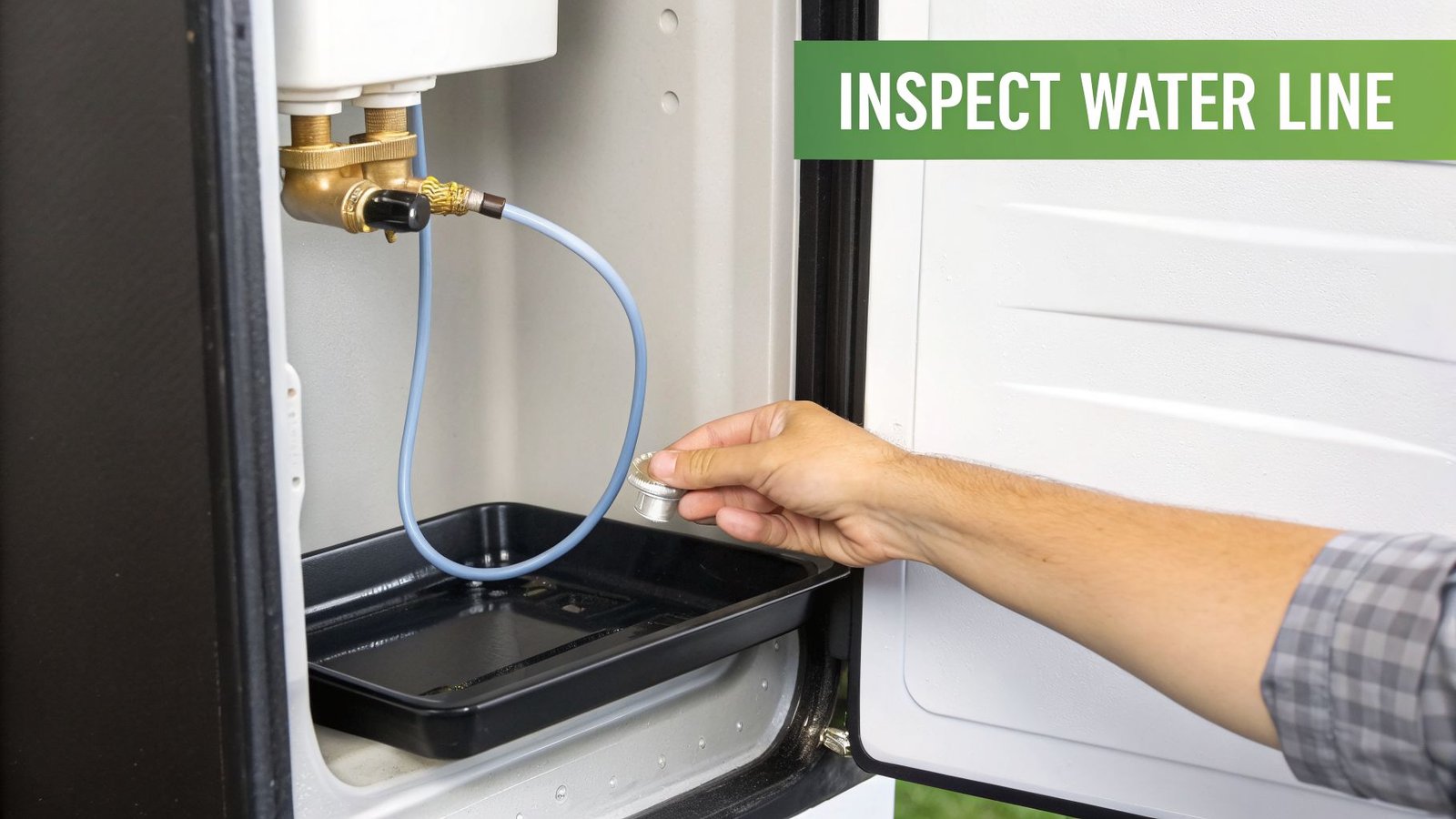 A hand holds a cap below a refrigerator water line and brass valve for inspection.