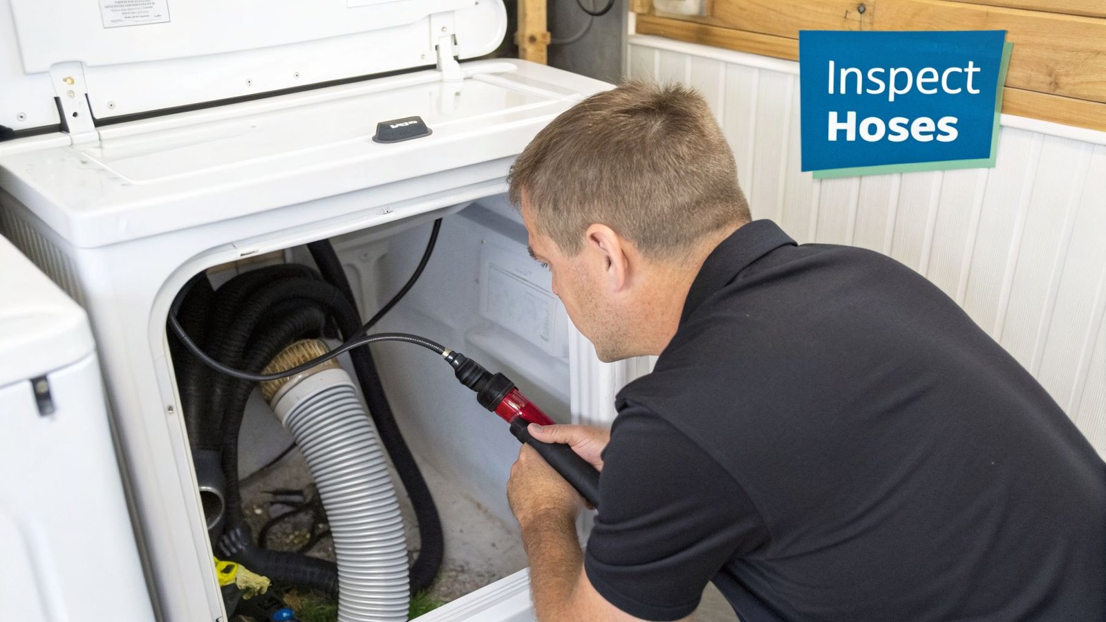 A man uses an inspection camera to check the hoses inside a white top-load washing machine.