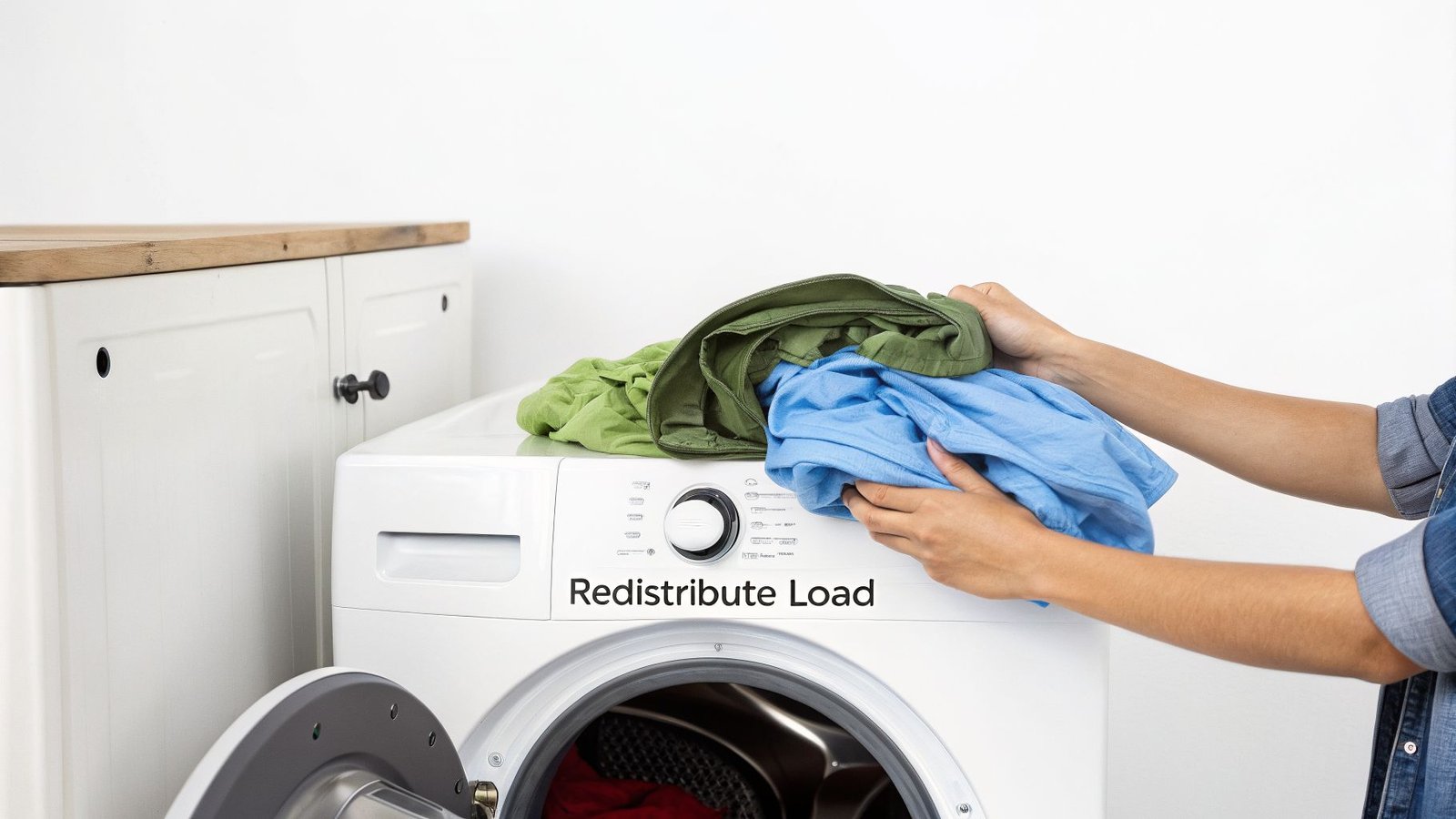 A person's hands put green and blue clothes into a white front-load washing machine displaying "Redistribute Load."