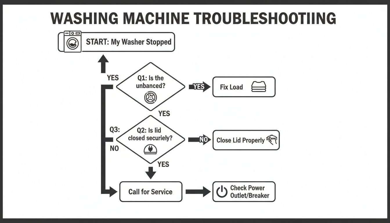 A washing machine troubleshooting flowchart, guiding users through steps to diagnose a stopped washer.