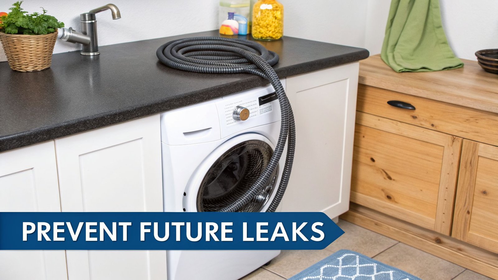 A white washing machine in a modern laundry room with a coiled drain hose on the countertop, suggesting leak prevention.
