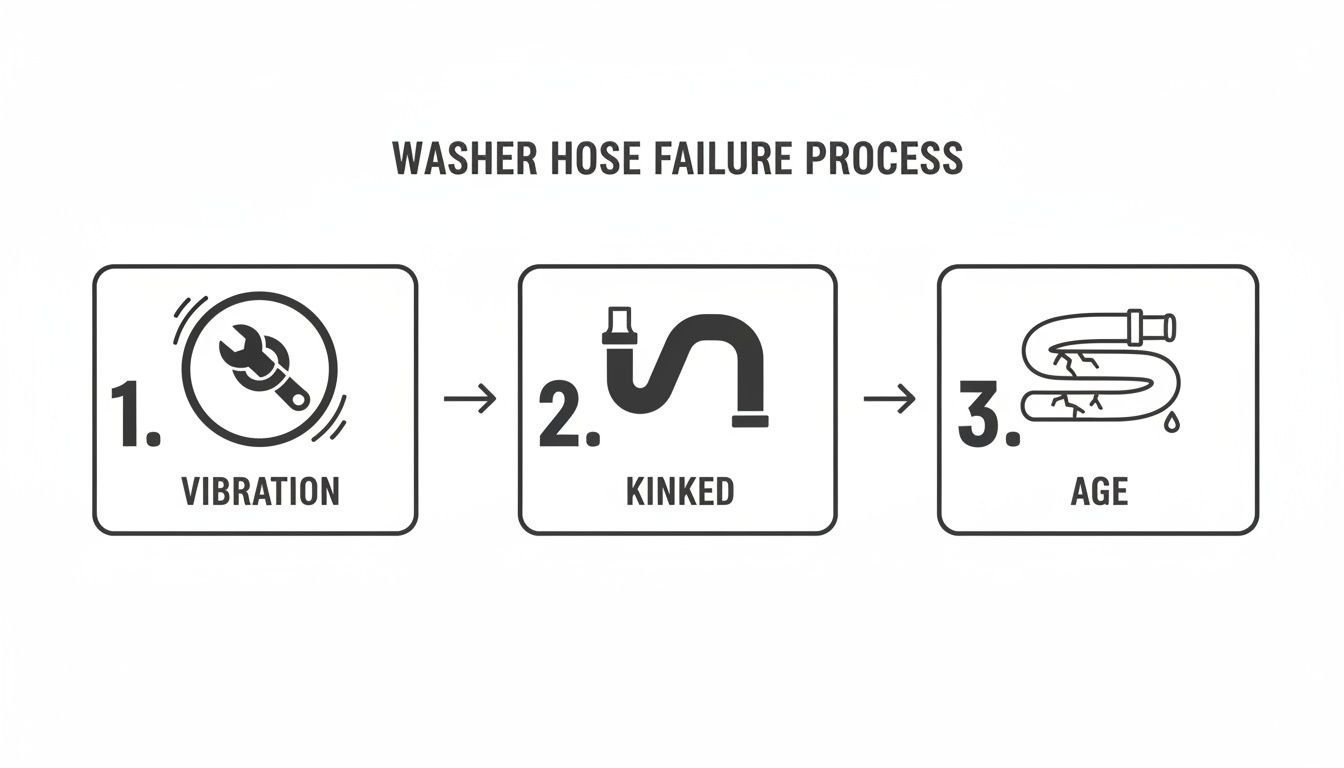 Diagram illustrating the three-step washer hose failure process: vibration, kinking, and aging leading to leaks.