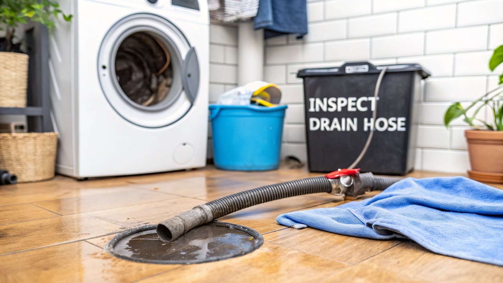 A washing machine's drain hose is leaking onto a wet tiled floor in a laundry room.
