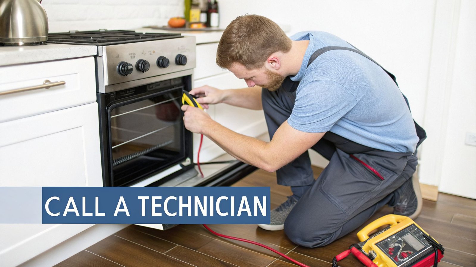 A male technician is kneeling to repair an electric oven in a modern kitchen, using diagnostic tools.