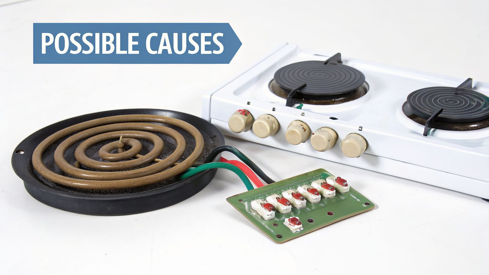 Disassembled electric stove parts showing heating elements, control knobs, and circuit board with 'POSSIBLE CAUSES' text.