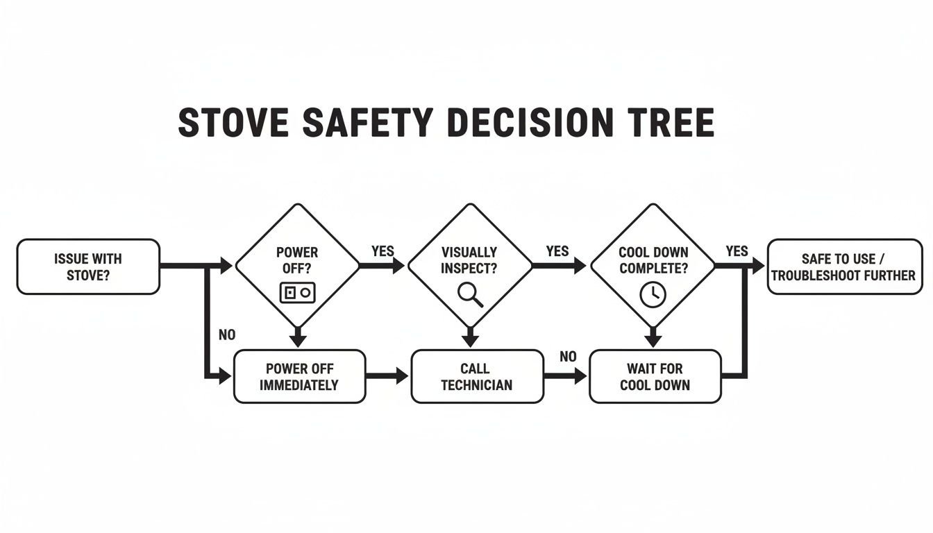 A stove safety decision tree flowchart illustrating steps to take when there's an issue with a stove.