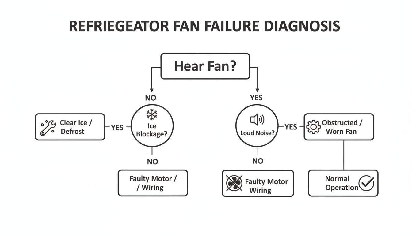A diagnostic flowchart illustrating steps to troubleshoot refrigerator fan failure based on sound and ice presence.