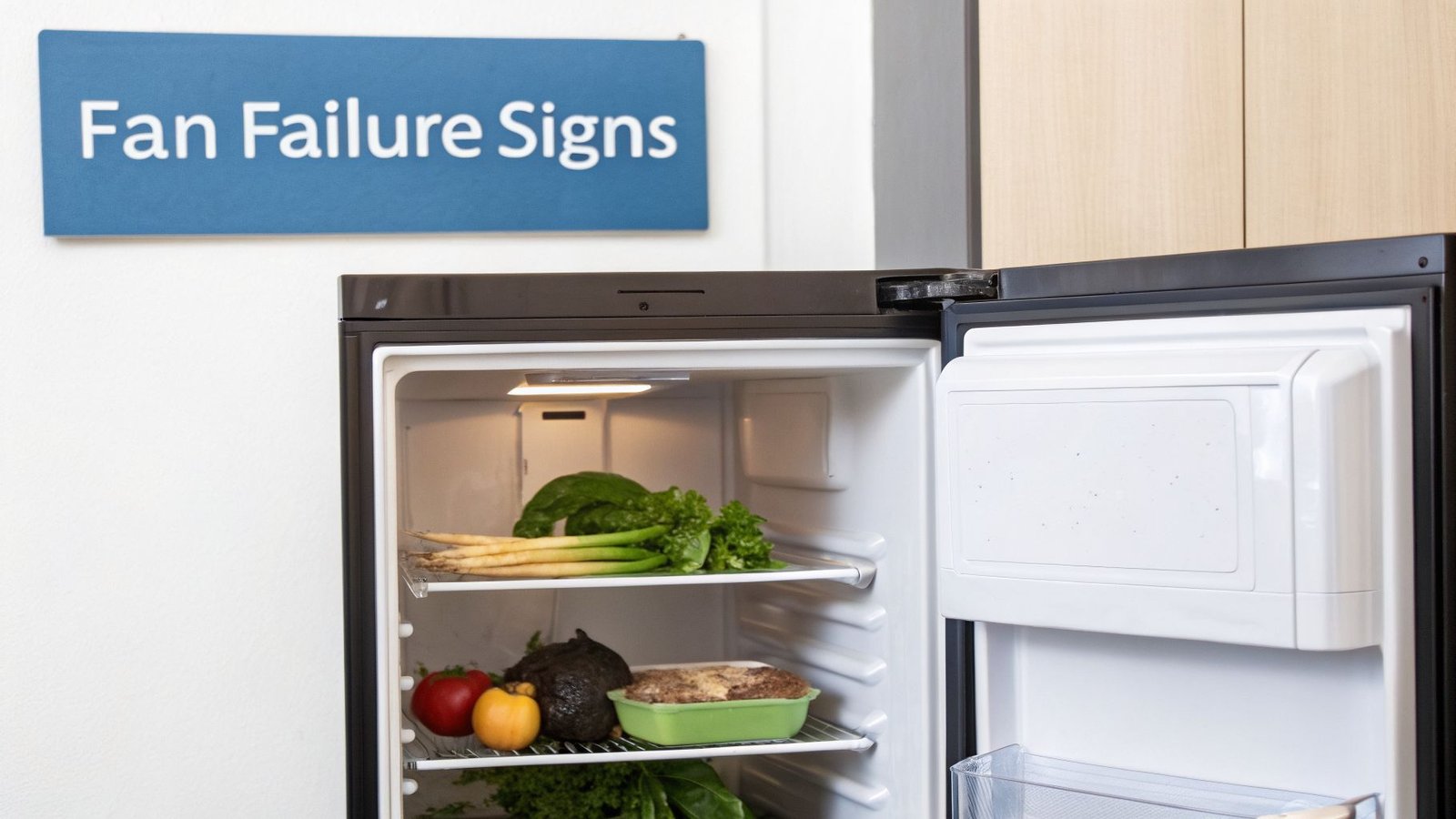 An open refrigerator filled with fresh produce and food, with a sign reading "Fan Failure Signs" above it.