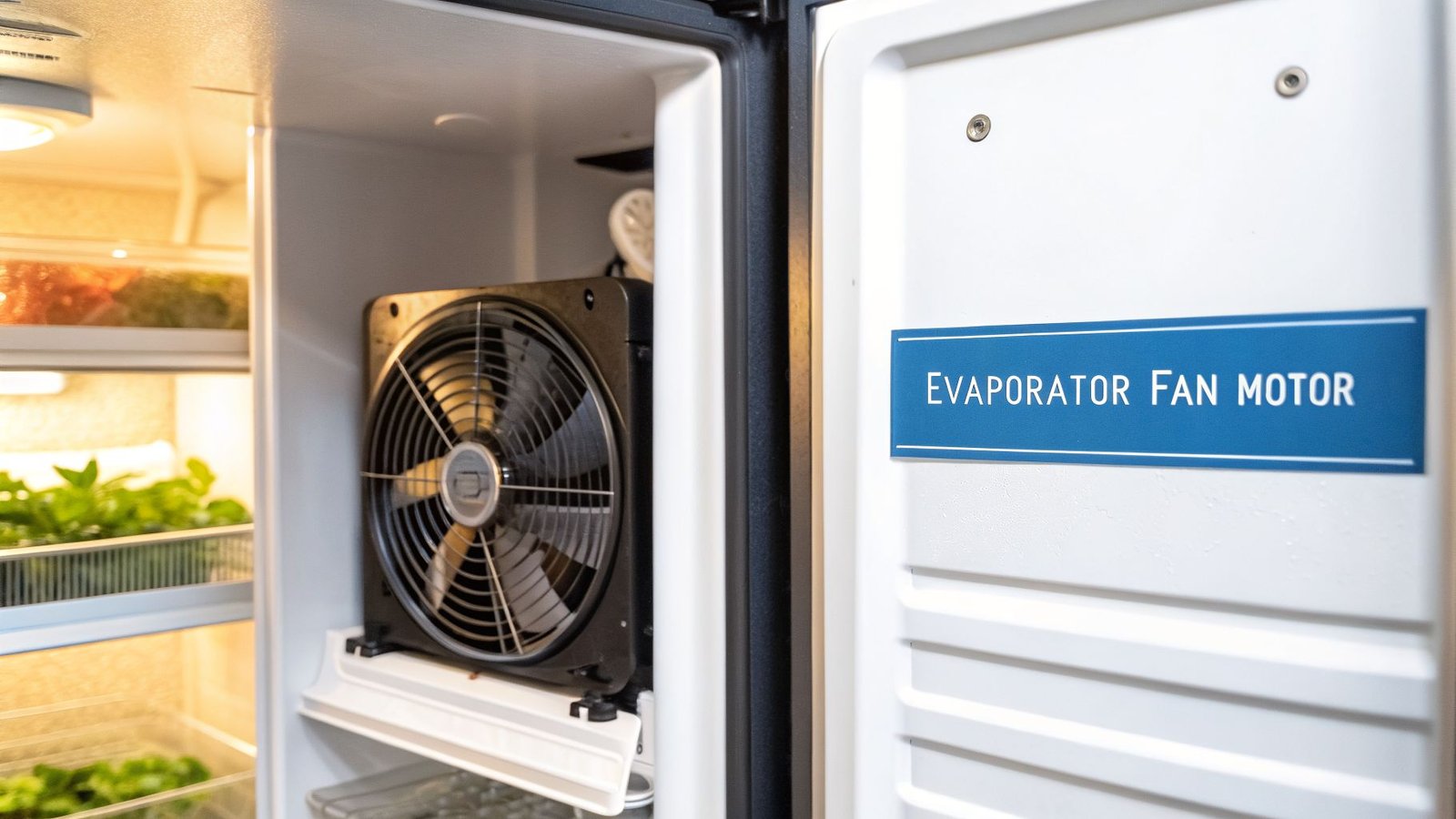 Close-up inside a refrigerator showing the evaporator fan motor and fresh greens on shelves.
